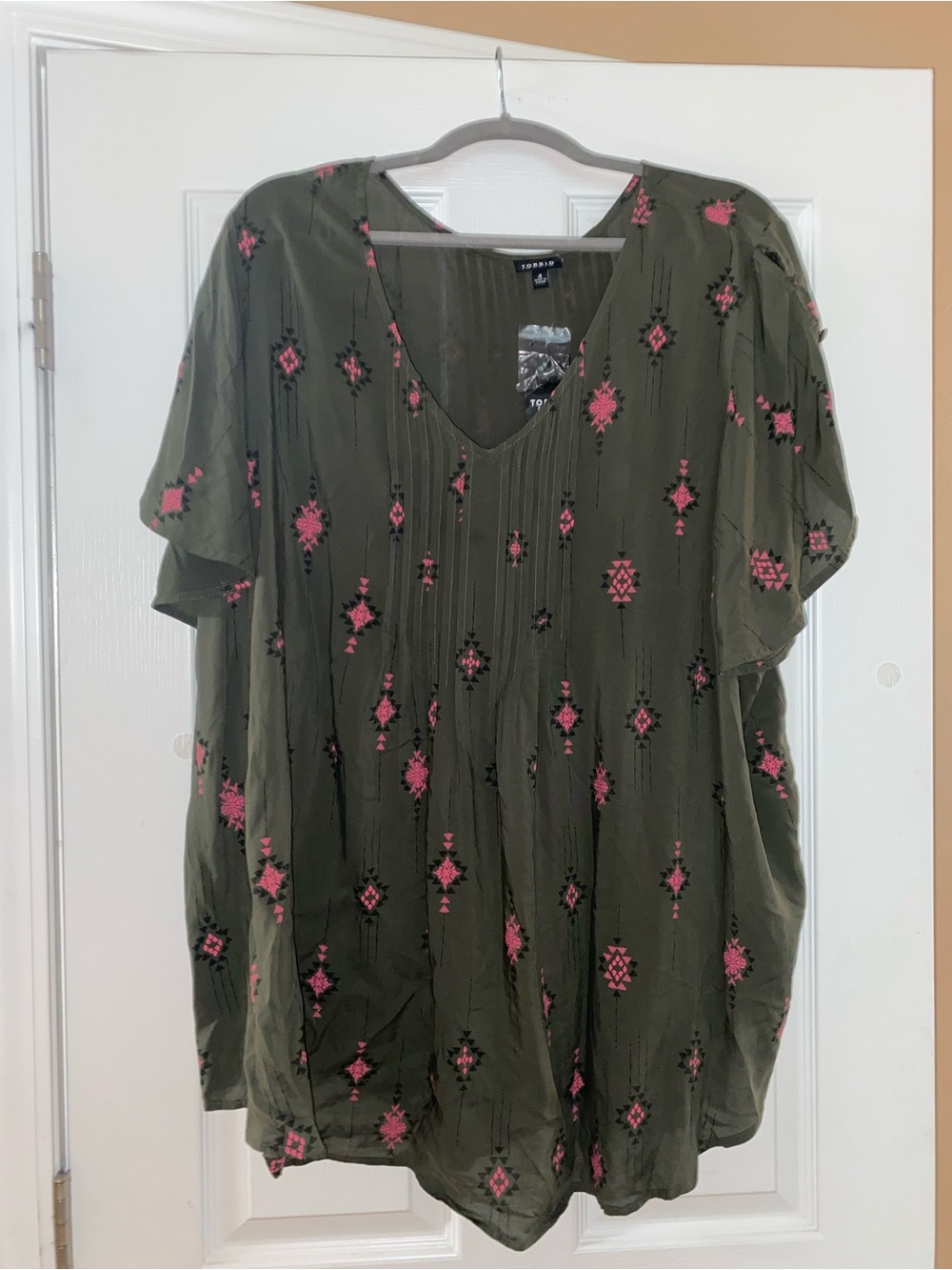 Torrid Olive Green V-Neck Tunic with Pink Embroidery